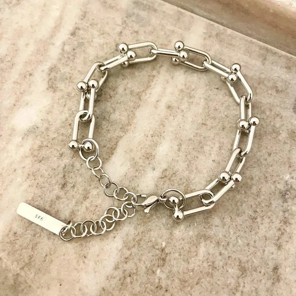 925 Sterling Silver Minimalist Bracelet U Link Hardware Chain Link Bracelet - Picture 6 of 10